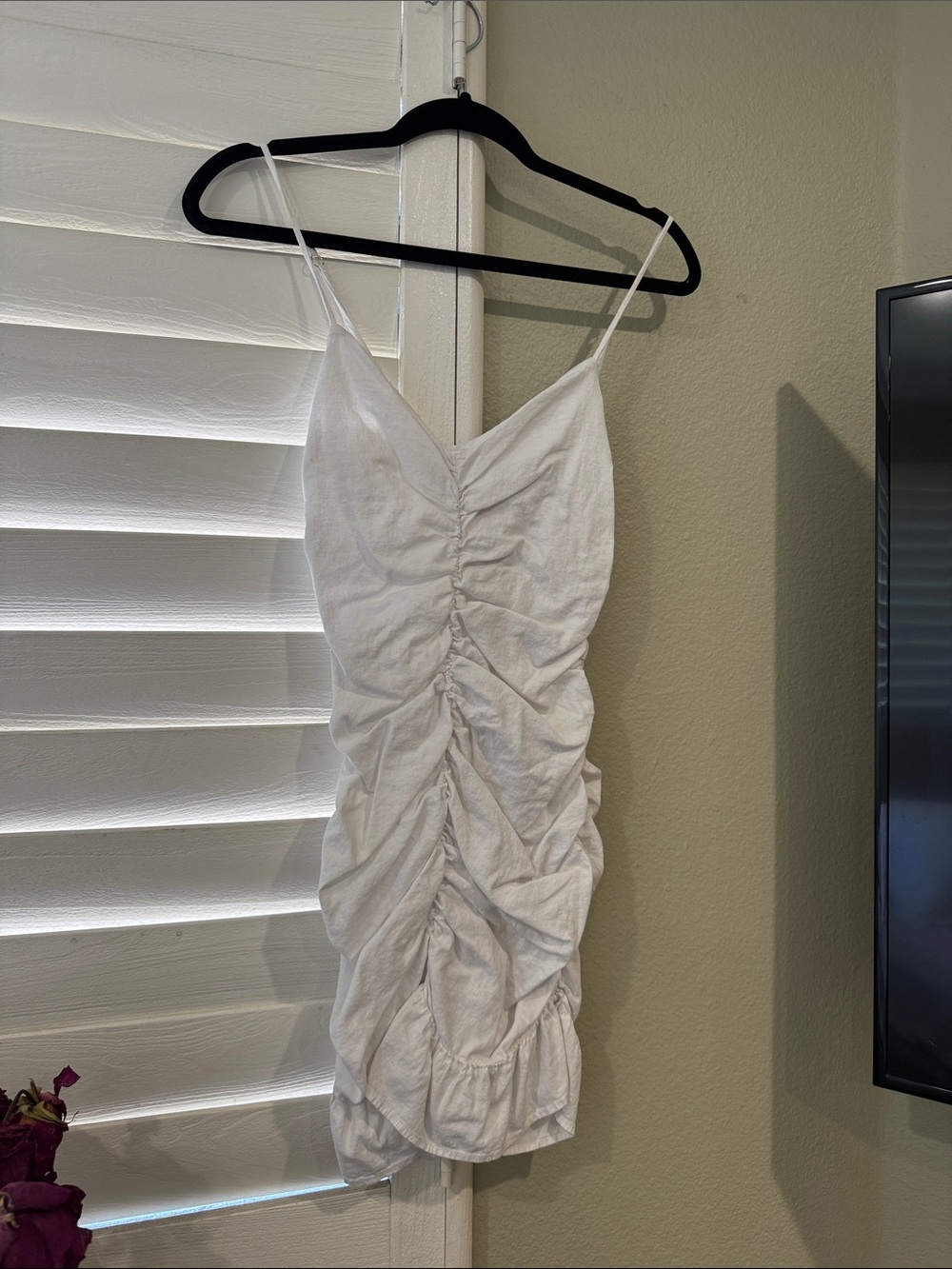 Zara White Ruched Spaghetti-Strap Mini Dress